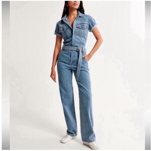 Abercrombie & Fitch Utility Jean Denim Jumpsuit PL Blue Short Sleeve Belted Zip